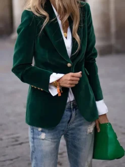 Blazer slim en velours à revers un seul bouton manches longues style vintage élégant pour femme