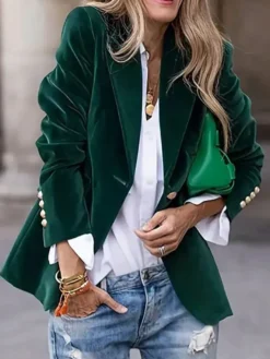 Blazer slim en velours à revers un seul bouton manches longues style vintage élégant pour femme
