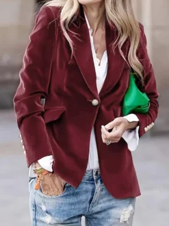 Blazer slim en velours à revers un seul bouton manches longues style vintage élégant pour femme