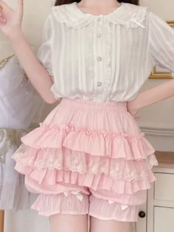 Bloomer rose Lolita à volants superposés short citrouille en dentelle à taille élastique mini-jupe Lolita