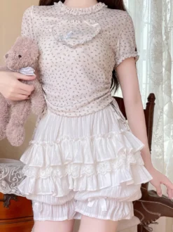 Bloomer rose Lolita à volants superposés short citrouille en dentelle à taille élastique mini-jupe Lolita