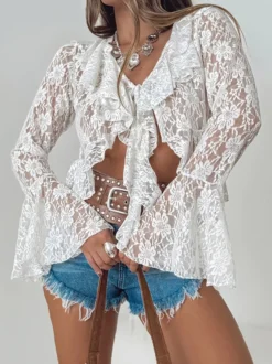 Blouse blanche à col en V et manches longues en dentelle pour femme