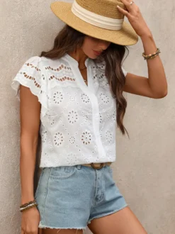 Blouse blanche pour femme col en V manches courtes style décontracté top d'été