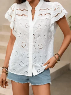 Blouse blanche pour femme col en V manches courtes style décontracté top d'été