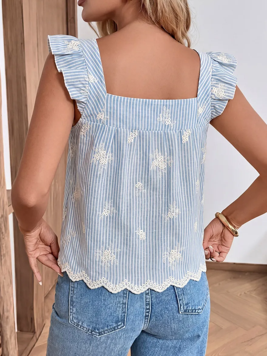 Blouse pour femme bleu ciel clair à col carré haut décontracté sans manches