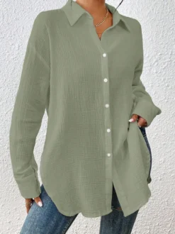 Blouse pour femme couleur abricot boutons col rabattu manches longues chics top en coton