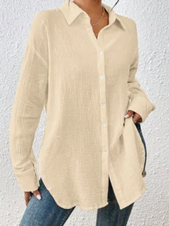 Blouse pour femme couleur abricot boutons col rabattu manches longues chics top en coton