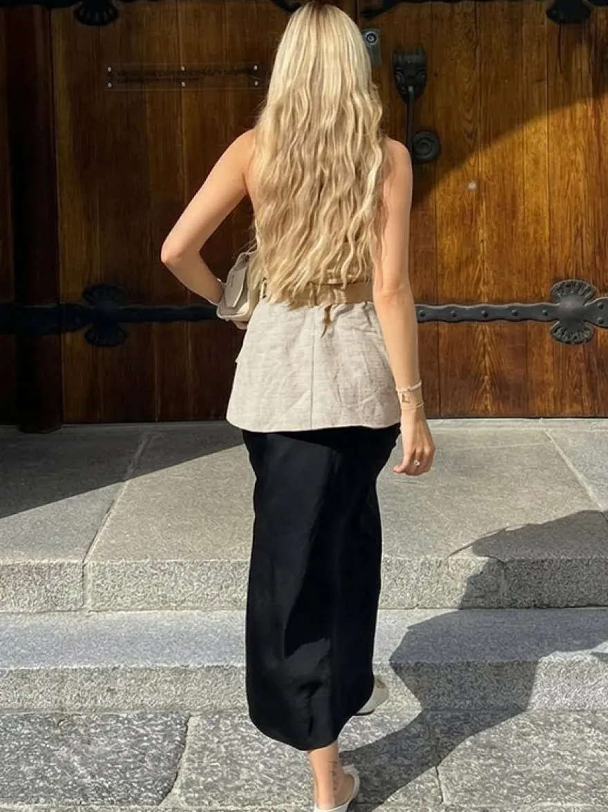 Blouse pour femme en coton et lin kaki dos nu laçage décontracté sans manches