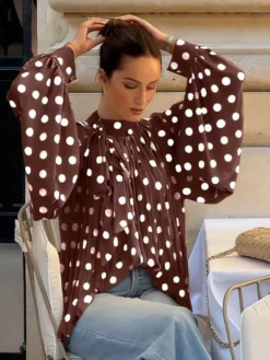 Blouse pour femme marron café à pois plissée à lacets dos nu manches longues style chic