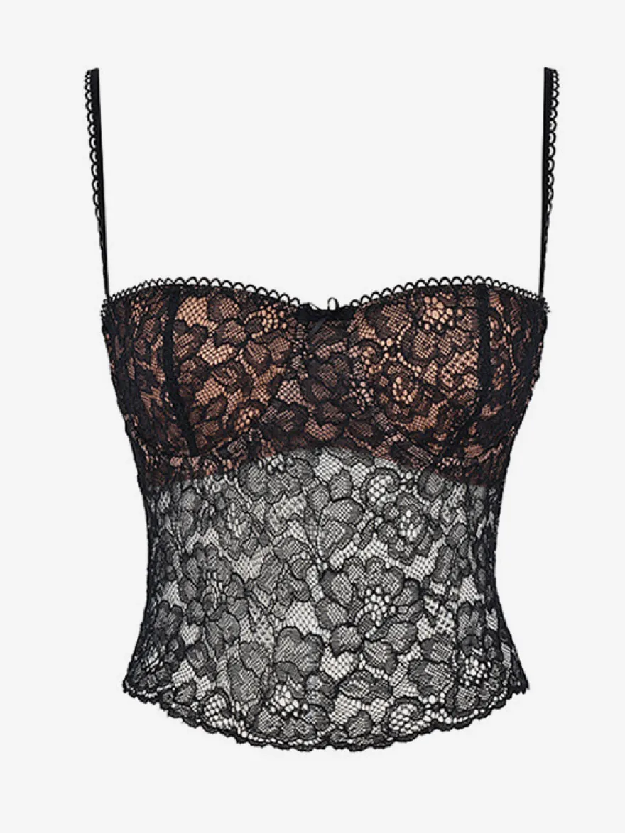 Blouse pour femme noire à bretelles en dentelle décolleté sexy en dentelle ajourée sans manches