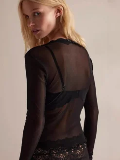 Blouse pour femme noire en polyester col en V manches longues chic