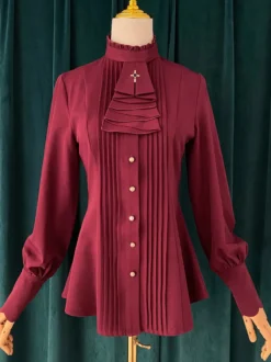 Blouses Gothiques Lolita Haut Lolita à Volants Chemisier Manches Longues Chemise Lolita Bordeaux