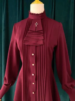Blouses Gothiques Lolita Haut Lolita à Volants Chemisier Manches Longues Chemise Lolita Bordeaux