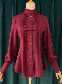 Blouses Gothiques Lolita Haut Lolita à Volants Chemisier Manches Longues Chemise Lolita Bordeaux