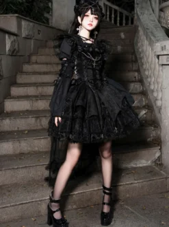 Blouses Gothiques Lolita Volants À Lacets Chemisier Manches Courtes Haut Lolita Chemise Lolita Noire