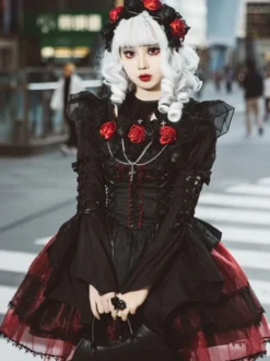 Blouses Gothiques Lolita Volants À Lacets Chemisier Manches Courtes Haut Lolita Chemise Lolita Noire
