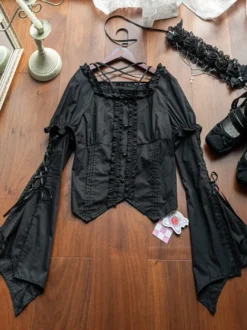 Blouses Gothiques Lolita Volants À Lacets Chemisier Manches Courtes Haut Lolita Chemise Lolita Noire