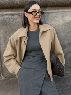 Blouson aviateur femme à épaules tombantes - Harrington minimaliste zippé avec patte de col - Tenues décontractées printemps 2026