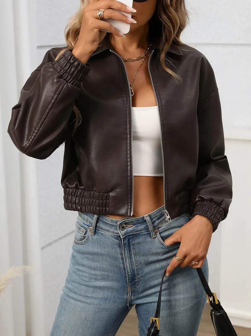 Blouson aviateur marron chocolat à col court en similicuir ourlet élastique style baseball
