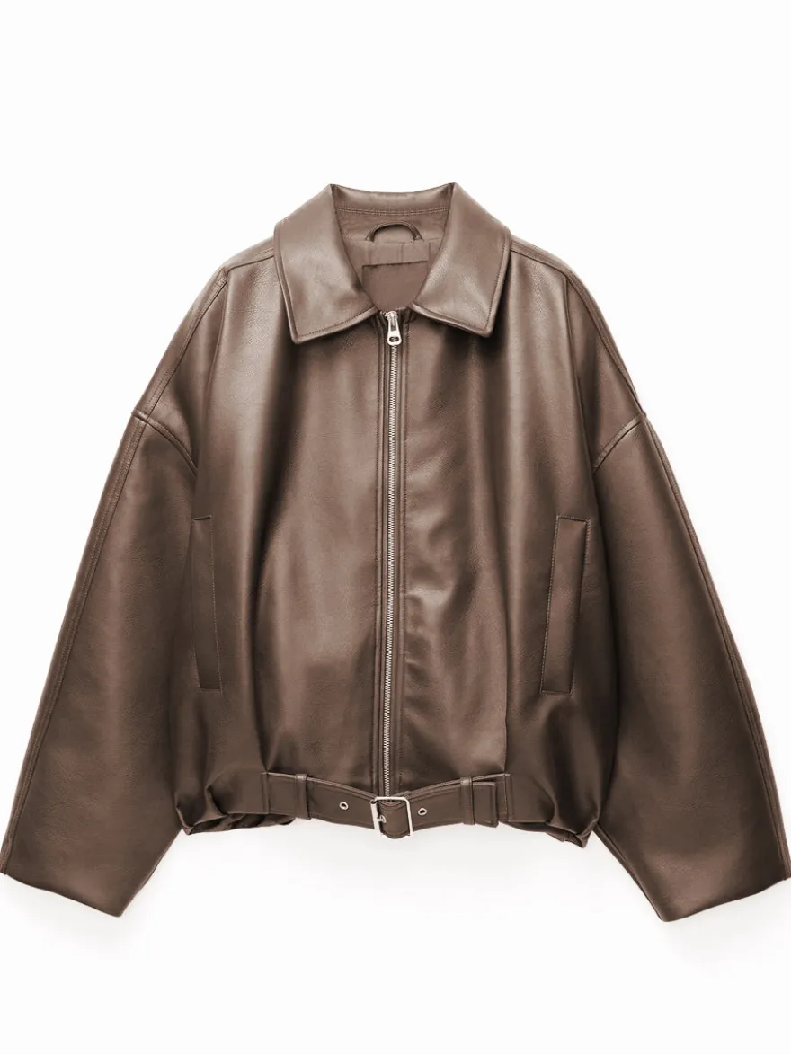 Blouson aviateur oversize en similicuir avec ceinture pour l'automne 2026