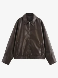 Blouson aviateur vintage en similicuir pour femme - Manteau Harrington oversize rétro zippé - Vêtements d'extérieur décontractés printemps 2026