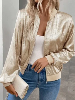 Blouson bomber femme couleur or champagne - Fermeture éclair finitions côtelées coupe ajustée - Vêtements d'extérieur métallisés pour les fêtes de printemps 2026