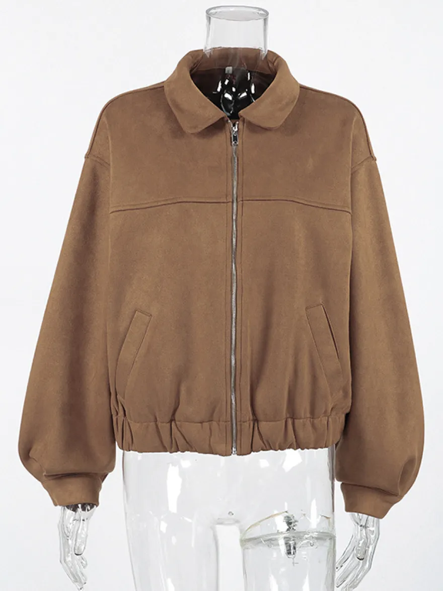 Blouson bomber femme en suédine camel - Fermeture éclair rétro ourlet élastique coupe décontractée - Style streetwear décontracté printemps 2026