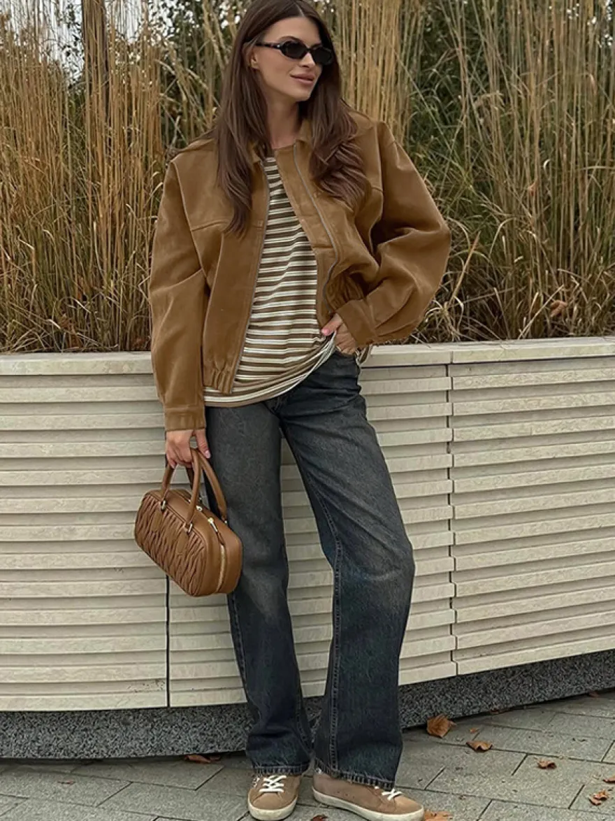 Blouson bomber femme en suédine camel - Fermeture éclair rétro ourlet élastique coupe décontractée - Style streetwear décontracté printemps 2026