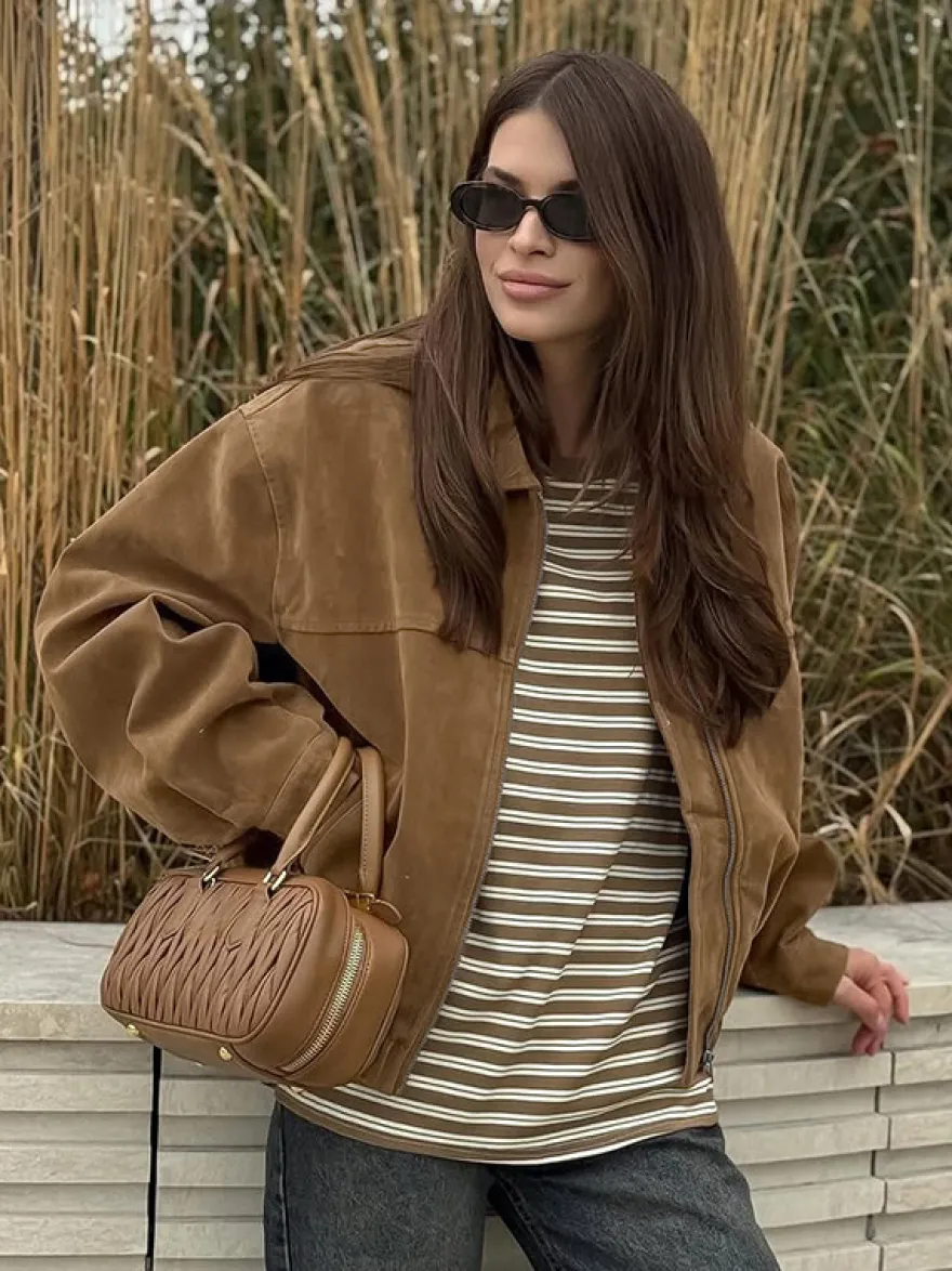 Blouson bomber femme en suédine camel - Fermeture éclair rétro ourlet élastique coupe décontractée - Style streetwear décontracté printemps 2026