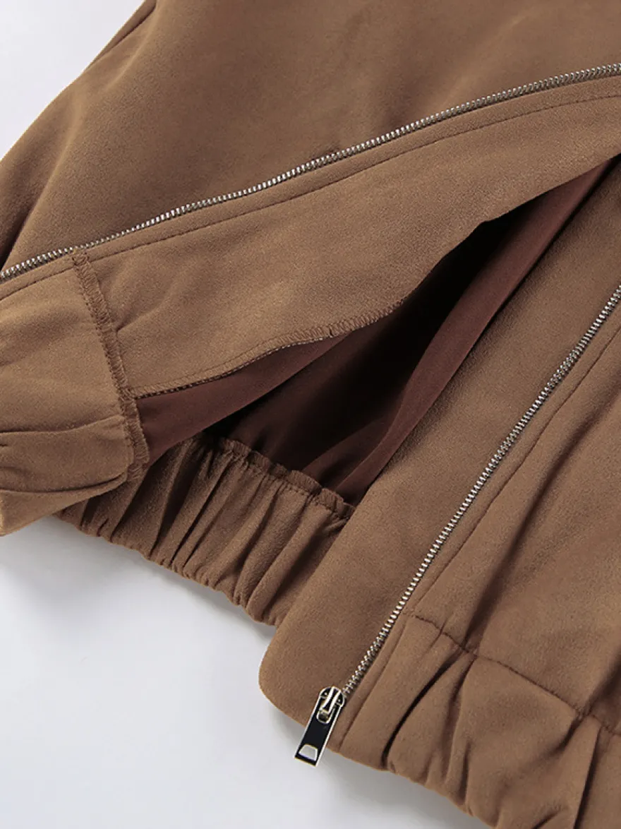 Blouson bomber femme en suédine camel - Fermeture éclair rétro ourlet élastique coupe décontractée - Style streetwear décontracté printemps 2026
