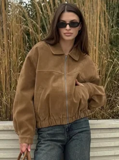 Blouson bomber femme en suédine camel - Fermeture éclair rétro ourlet élastique coupe décontractée - Style streetwear décontracté printemps 2026