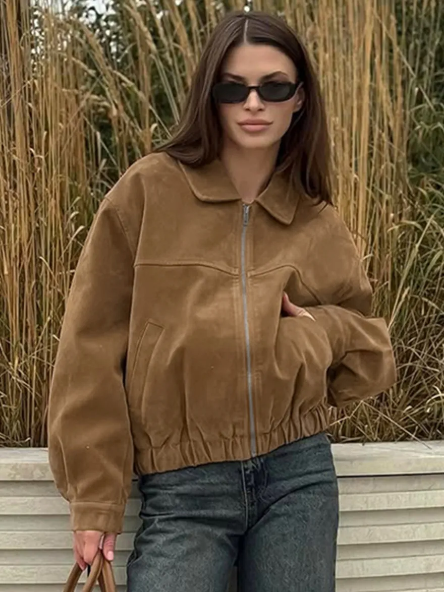 Blouson bomber femme en suédine camel - Fermeture éclair rétro ourlet élastique coupe décontractée - Style streetwear décontracté printemps 2026