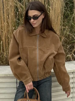 Blouson bomber femme en suédine camel - Fermeture éclair rétro ourlet élastique coupe décontractée - Style streetwear décontracté printemps 2026
