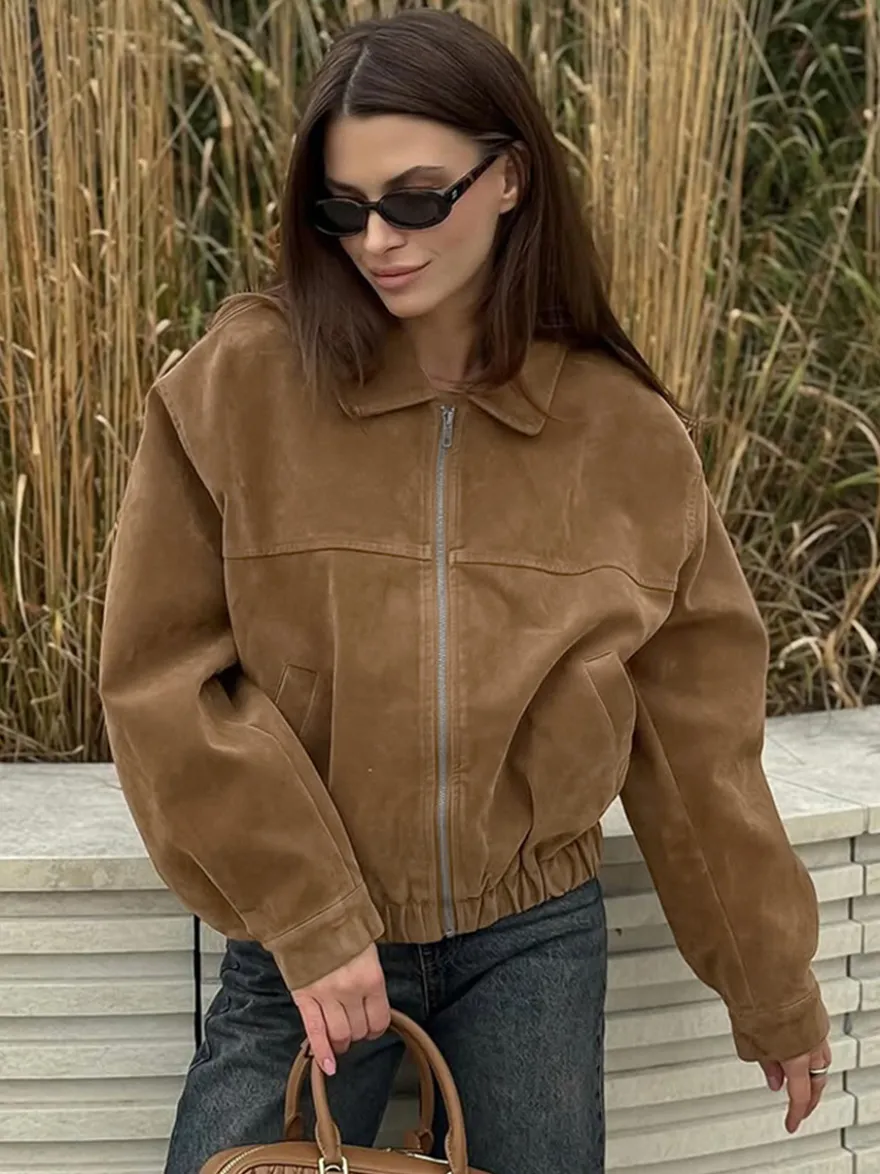 Blouson bomber femme en suédine camel - Fermeture éclair rétro ourlet élastique coupe décontractée - Style streetwear décontracté printemps 2026