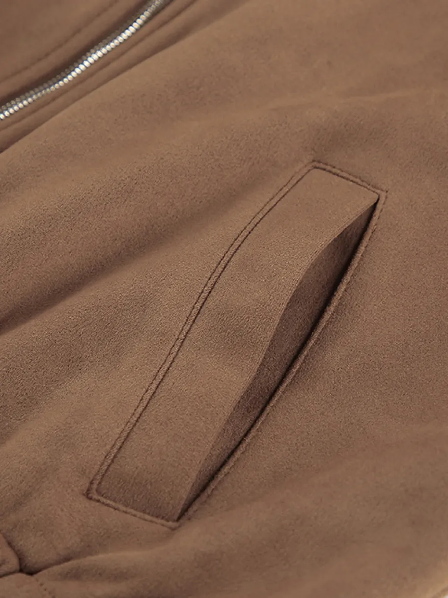 Blouson bomber femme en suédine camel - Fermeture éclair rétro ourlet élastique coupe décontractée - Style streetwear décontracté printemps 2026