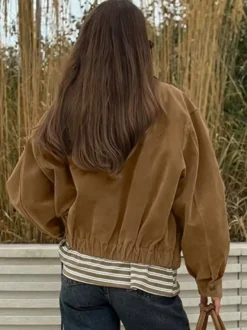 Blouson bomber femme en suédine camel - Fermeture éclair rétro ourlet élastique coupe décontractée - Style streetwear décontracté printemps 2026