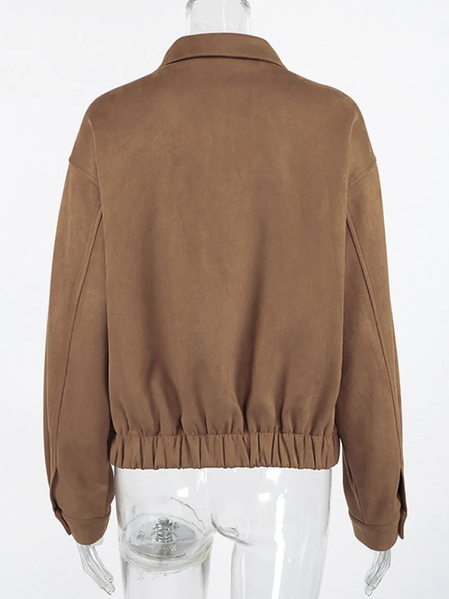 Blouson bomber femme en suédine camel - Fermeture éclair rétro ourlet élastique coupe décontractée - Style streetwear décontracté printemps 2026