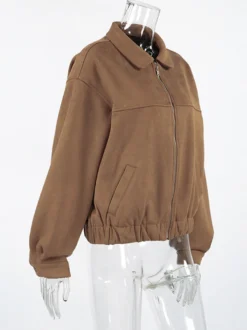 Blouson bomber femme en suédine camel - Fermeture éclair rétro ourlet élastique coupe décontractée - Style streetwear décontracté printemps 2026