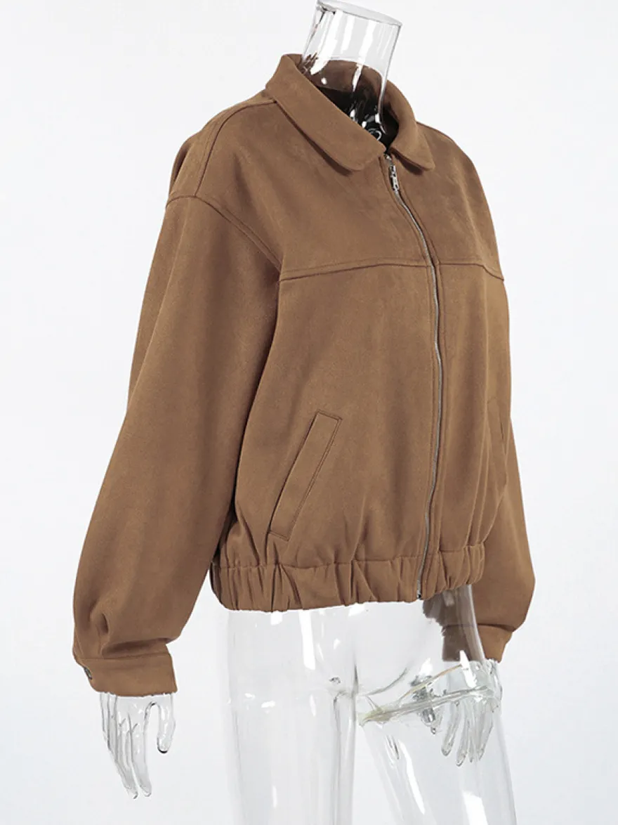 Blouson bomber femme en suédine camel - Fermeture éclair rétro ourlet élastique coupe décontractée - Style streetwear décontracté printemps 2026
