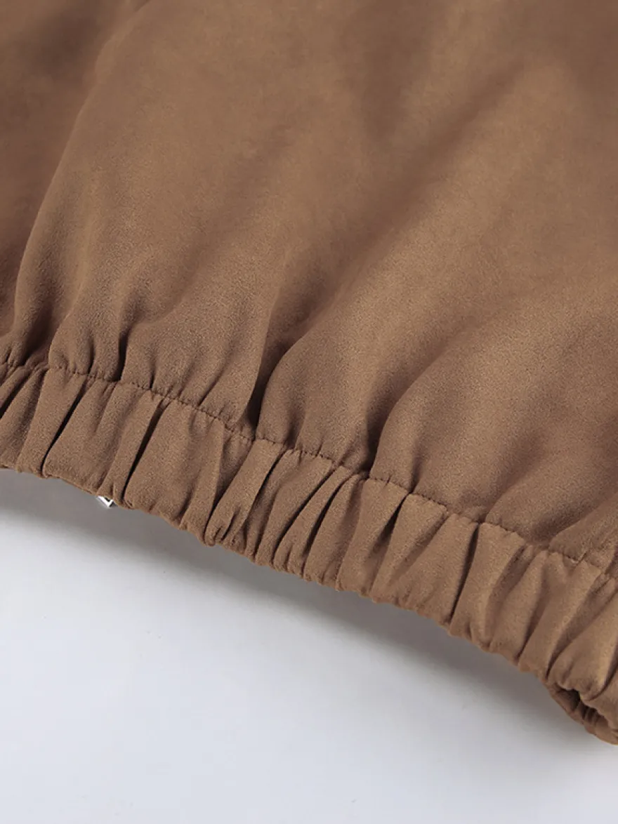 Blouson bomber femme en suédine camel - Fermeture éclair rétro ourlet élastique coupe décontractée - Style streetwear décontracté printemps 2026
