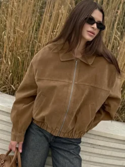 Blouson bomber femme en suédine camel - Fermeture éclair rétro ourlet élastique coupe décontractée - Style streetwear décontracté printemps 2026