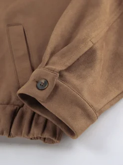 Blouson bomber femme en suédine camel - Fermeture éclair rétro ourlet élastique coupe décontractée - Style streetwear décontracté printemps 2026