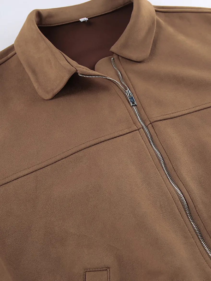 Blouson bomber femme en suédine camel - Fermeture éclair rétro ourlet élastique coupe décontractée - Style streetwear décontracté printemps 2026