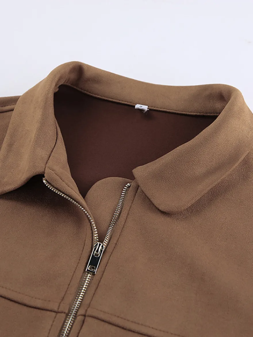 Blouson bomber femme en suédine camel - Fermeture éclair rétro ourlet élastique coupe décontractée - Style streetwear décontracté printemps 2026