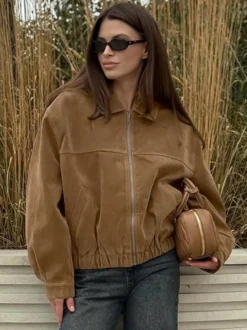 Blouson bomber femme en suédine camel - Fermeture éclair rétro ourlet élastique coupe décontractée - Style streetwear décontracté printemps 2026