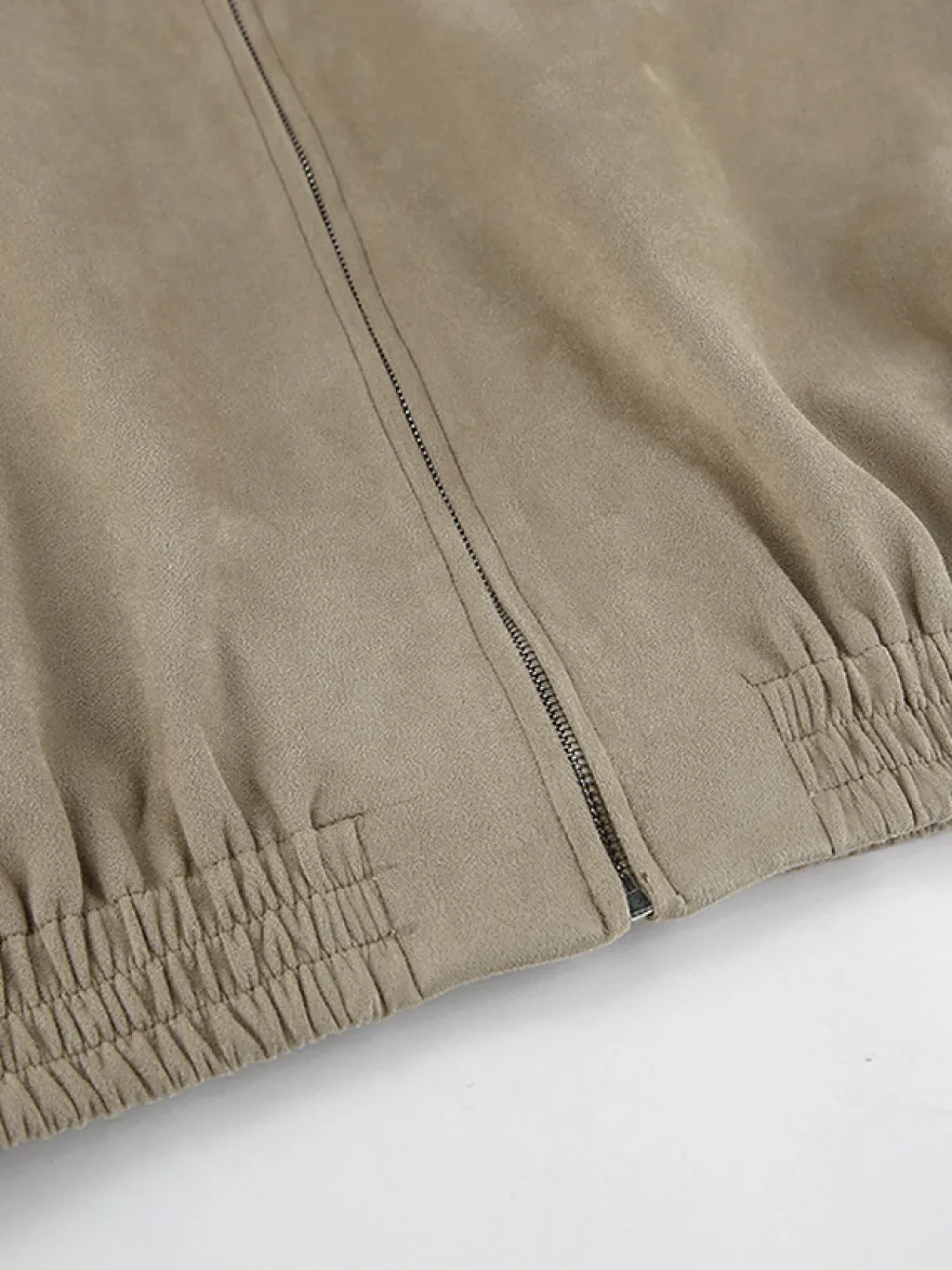 Blouson bomber femme en suédine synthétique - Fermeture éclair rétro ourlet élastique coupe décontractée - Collection printemps 2026