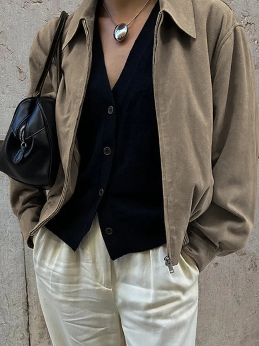 Blouson bomber femme en suédine synthétique - Fermeture éclair rétro ourlet élastique coupe décontractée - Collection printemps 2026