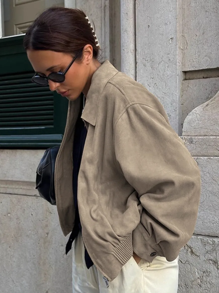 Blouson bomber femme en suédine synthétique - Fermeture éclair rétro ourlet élastique coupe décontractée - Collection printemps 2026