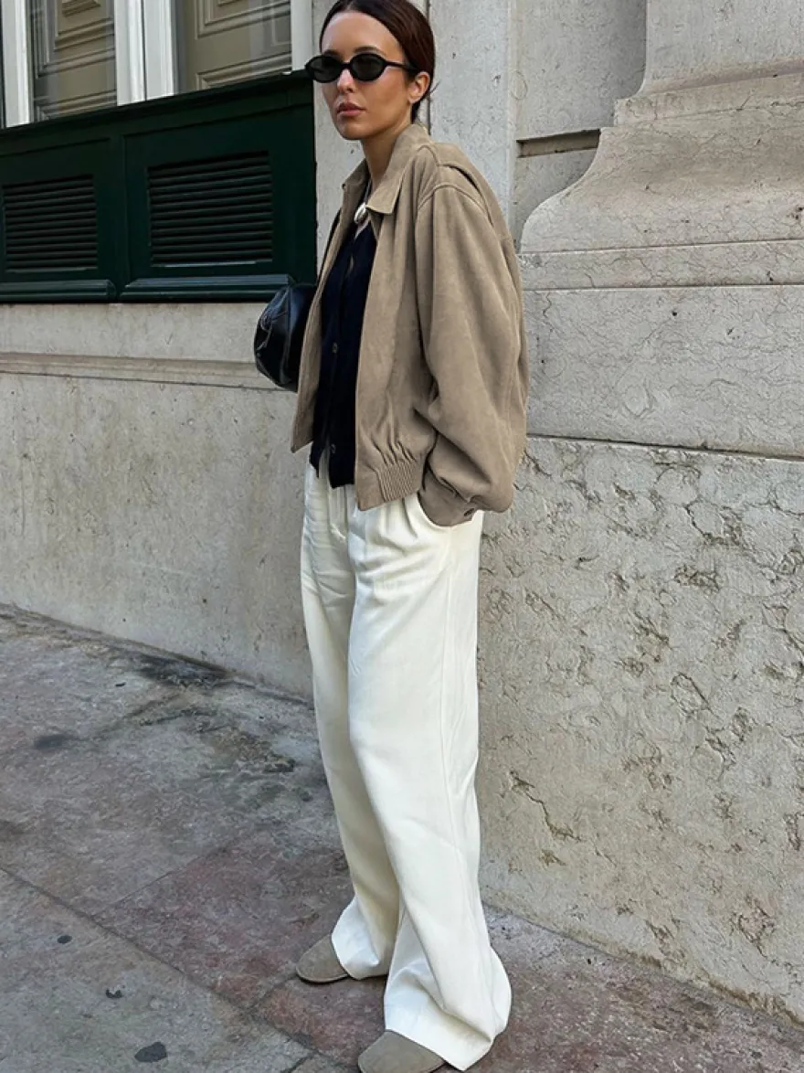 Blouson bomber femme en suédine synthétique - Fermeture éclair rétro ourlet élastique coupe décontractée - Collection printemps 2026