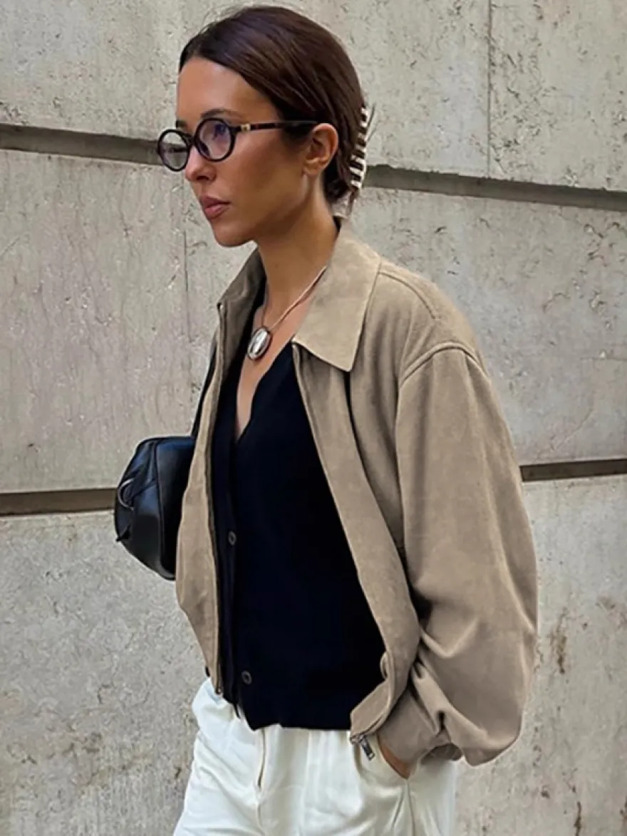 Blouson bomber femme en suédine synthétique - Fermeture éclair rétro ourlet élastique coupe décontractée - Collection printemps 2026